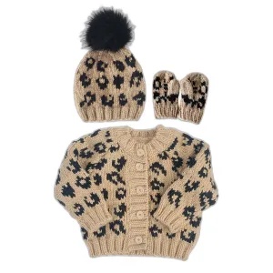 Cheetah Hat, Cardigan, Mittens Set, Latte/black
