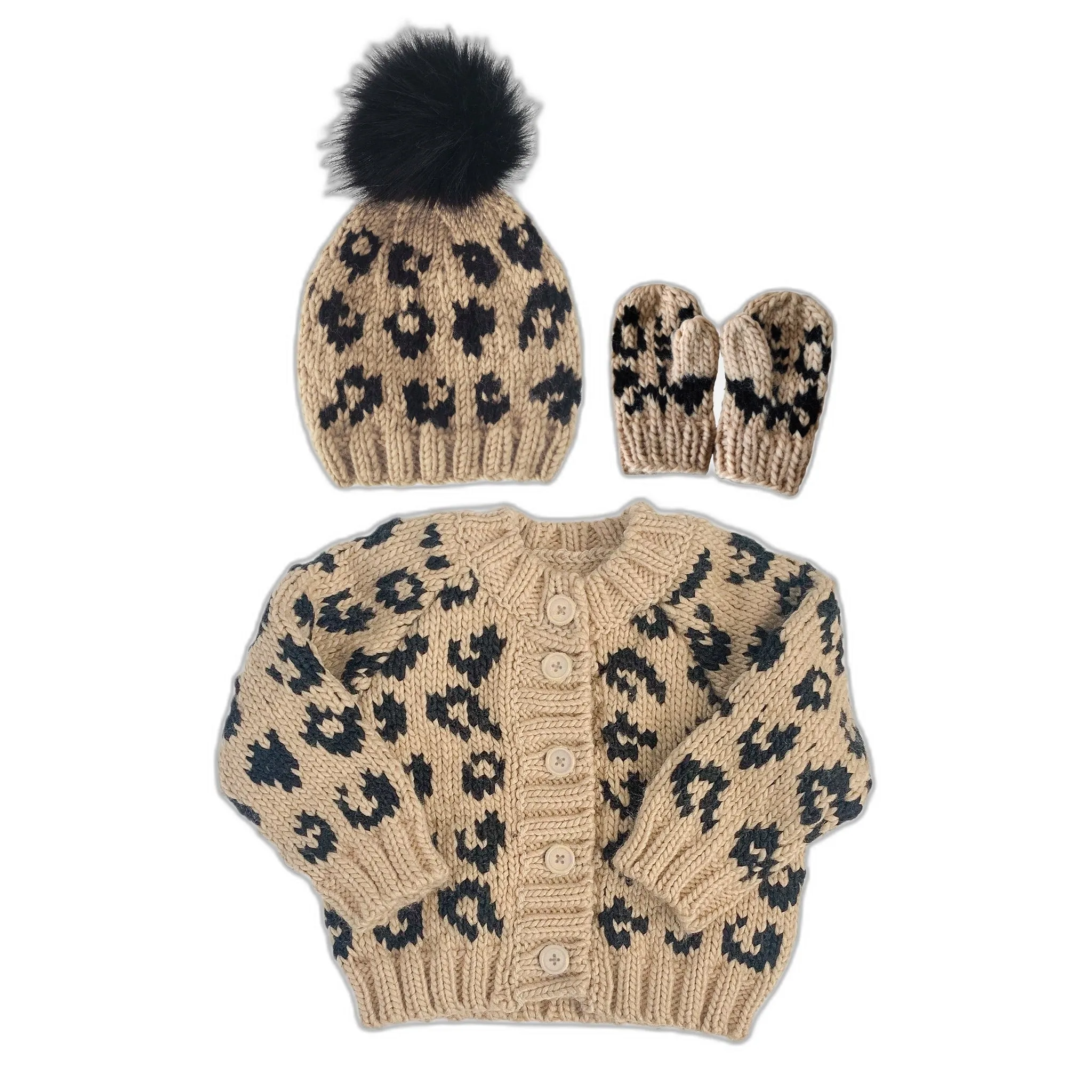 Cheetah Hat, Cardigan, Mittens Set, Latte/black
