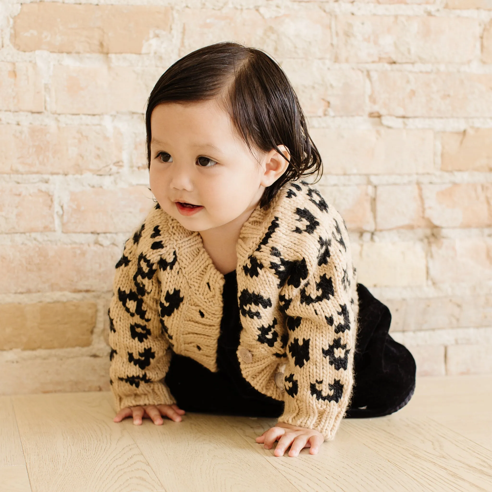 Cheetah Hat, Cardigan, Mittens Set, Latte/black