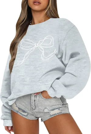 ChicCrate Oversized Crewneck Sweatshirt Women Cute Bow Graphic Sweatshirts Long Sleeve Pullover Bow Sweater Y2k Tops