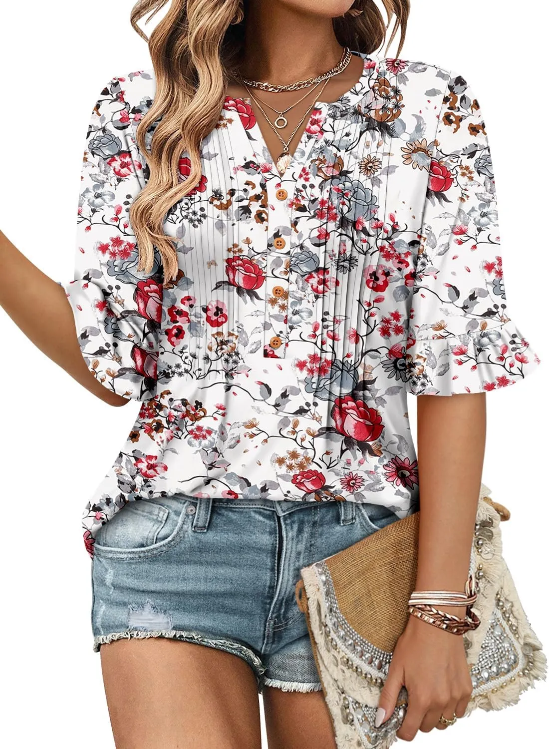 CHICZONE Womens 3/4 Length Bell Sleeve Tops Loose Summer Tunic Shirts Dressy Casual Blouses