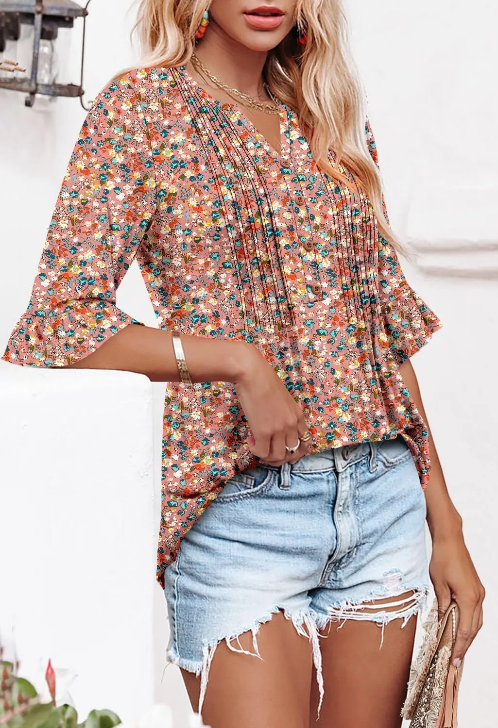 CHICZONE Womens 3/4 Length Bell Sleeve Tops Loose Summer Tunic Shirts Dressy Casual Blouses