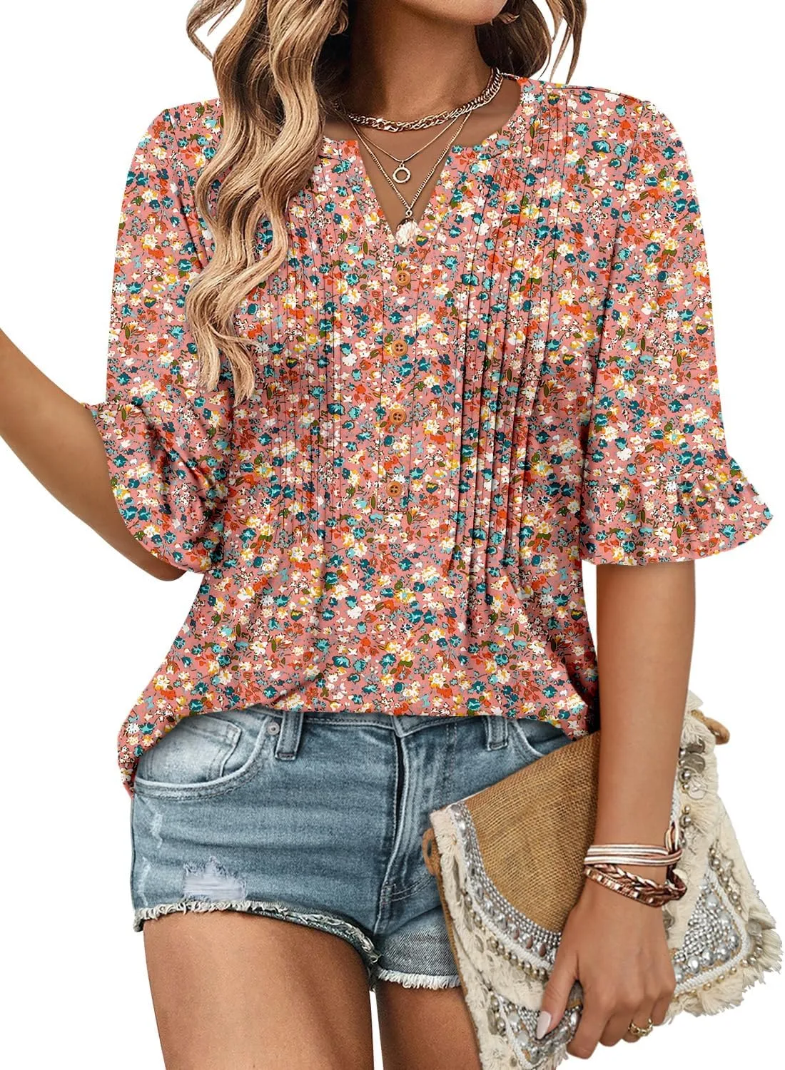 CHICZONE Womens 3/4 Length Bell Sleeve Tops Loose Summer Tunic Shirts Dressy Casual Blouses