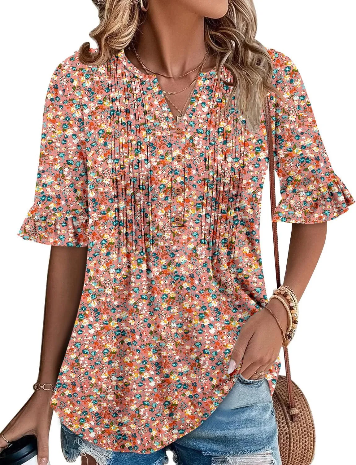 CHICZONE Womens 3/4 Length Bell Sleeve Tops Loose Summer Tunic Shirts Dressy Casual Blouses
