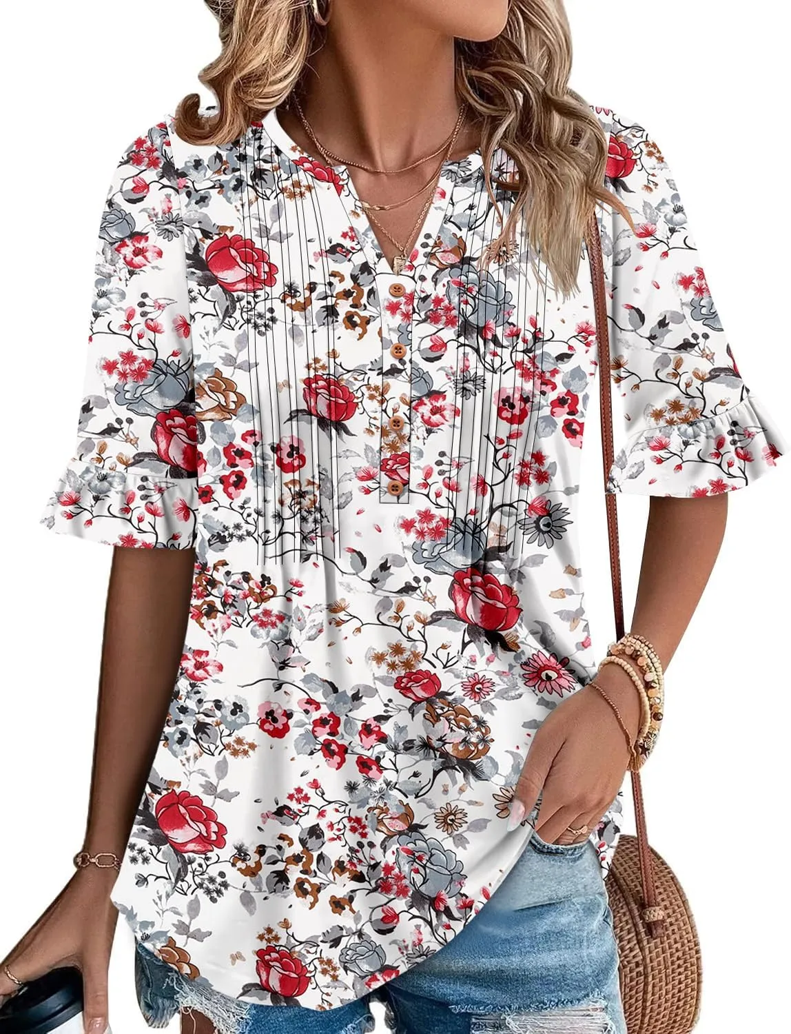 CHICZONE Womens 3/4 Length Bell Sleeve Tops Loose Summer Tunic Shirts Dressy Casual Blouses