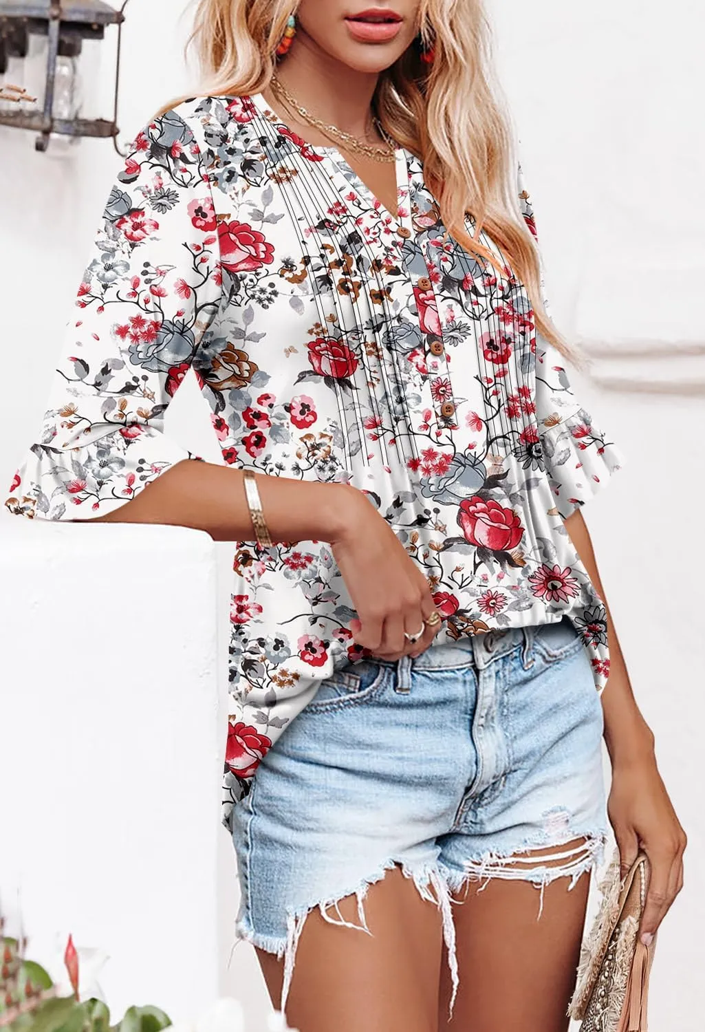 CHICZONE Womens 3/4 Length Bell Sleeve Tops Loose Summer Tunic Shirts Dressy Casual Blouses
