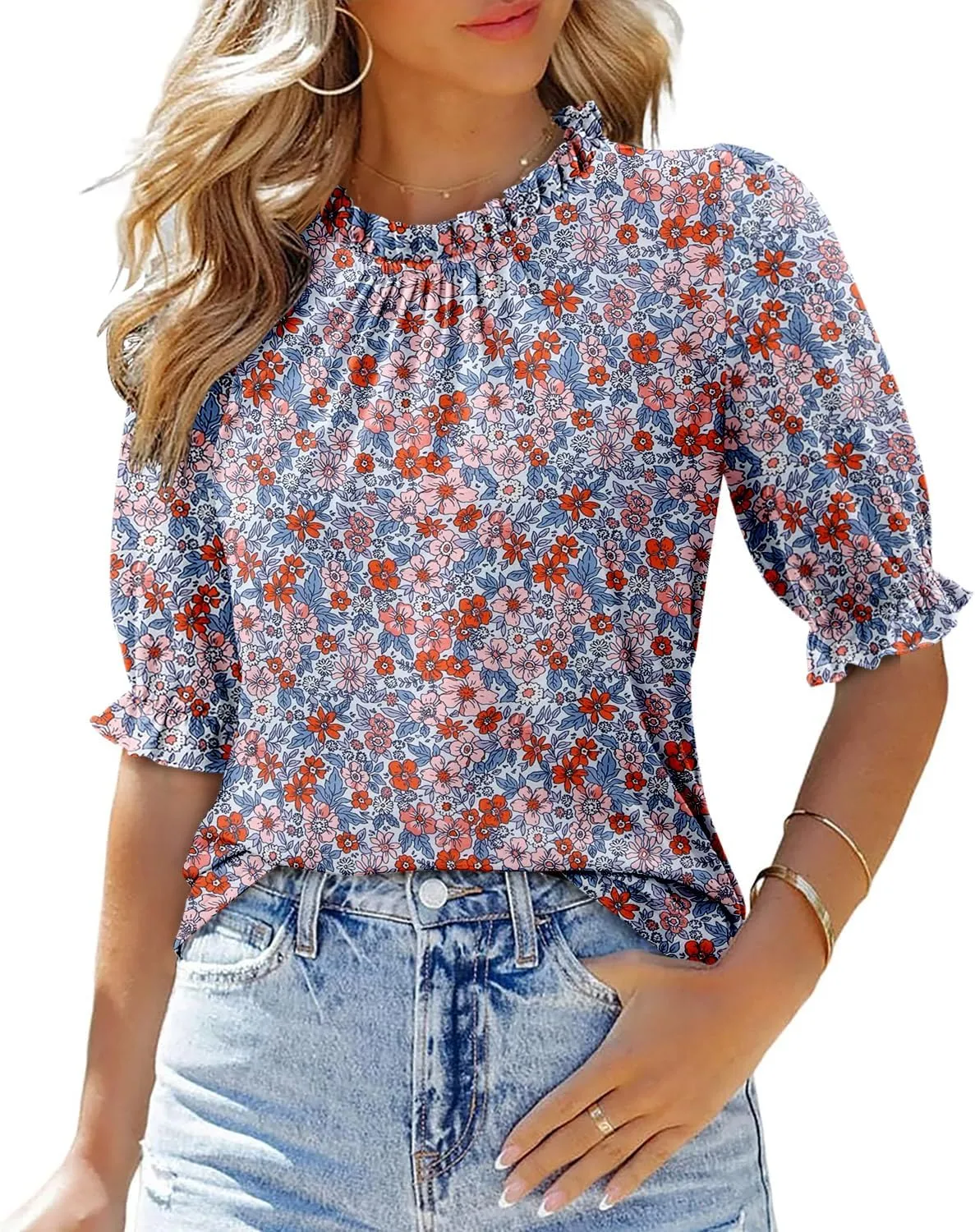 CHICZONE Women's Mock Neck Summer Tops Ruffle Short Sleeve Keyhole Back Casual Boho Blouses