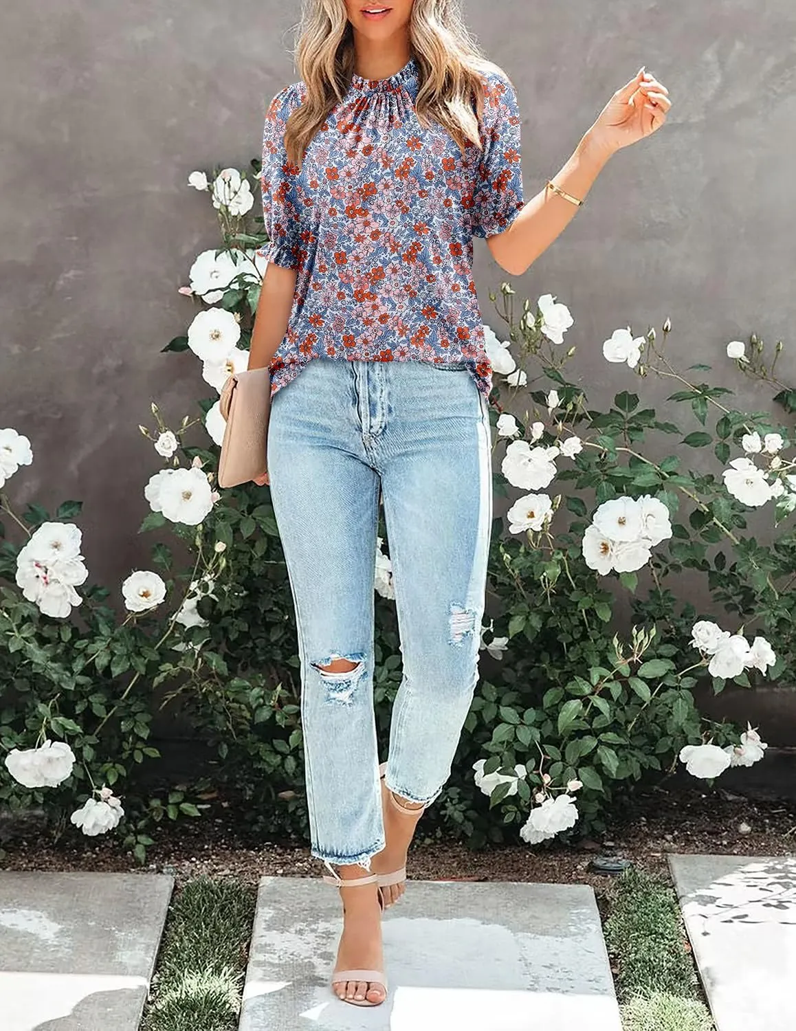 CHICZONE Women's Mock Neck Summer Tops Ruffle Short Sleeve Keyhole Back Casual Boho Blouses