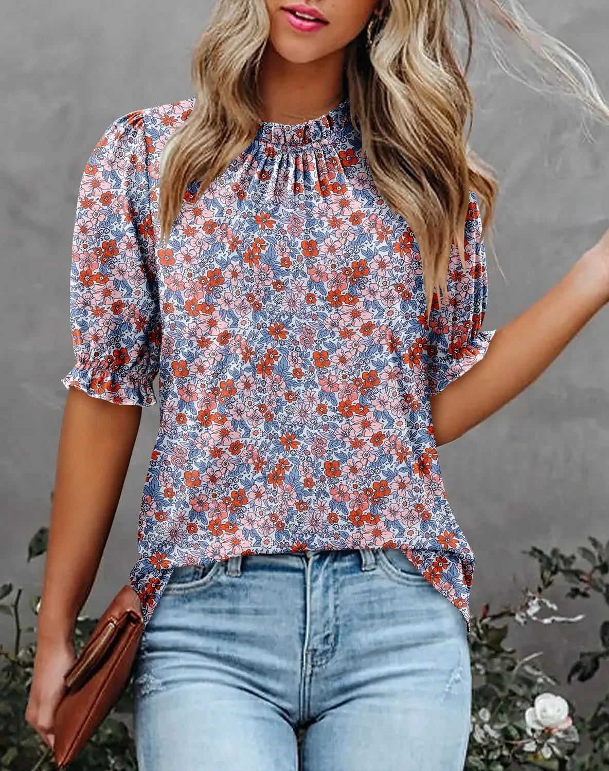 CHICZONE Women's Mock Neck Summer Tops Ruffle Short Sleeve Keyhole Back Casual Boho Blouses
