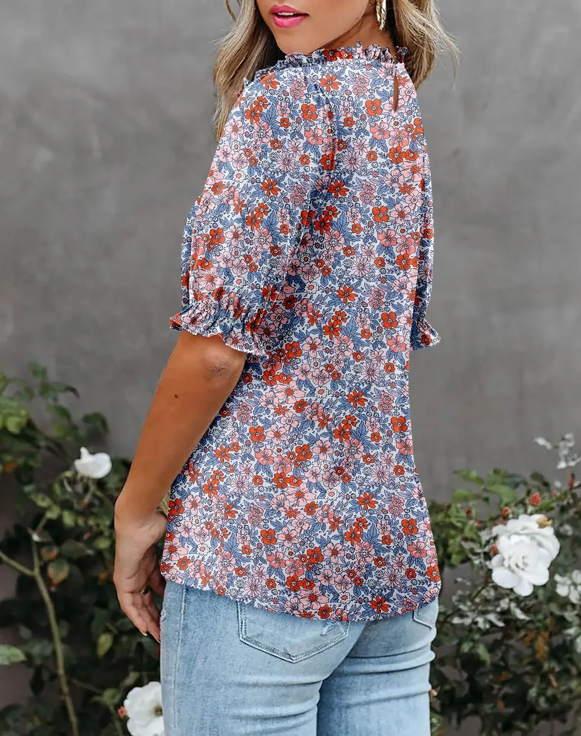 CHICZONE Women's Mock Neck Summer Tops Ruffle Short Sleeve Keyhole Back Casual Boho Blouses