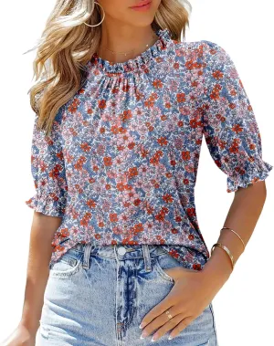 CHICZONE Women's Mock Neck Summer Tops Ruffle Short Sleeve Keyhole Back Casual Boho Blouses
