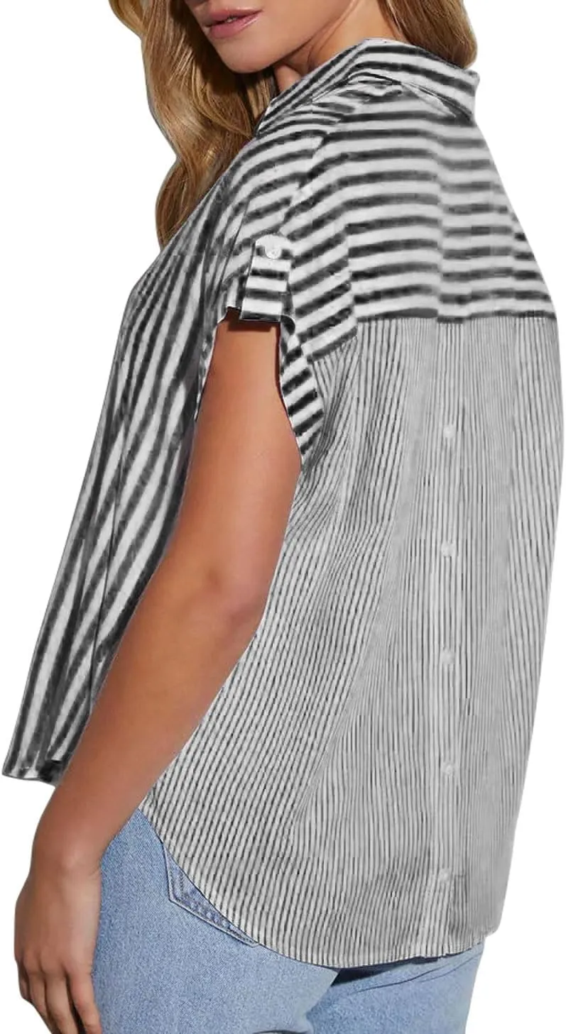 chouyatou Women's Summer Cap Sleeve Striped Button Down Shirt Loose Business Casual Tops Work Blouses