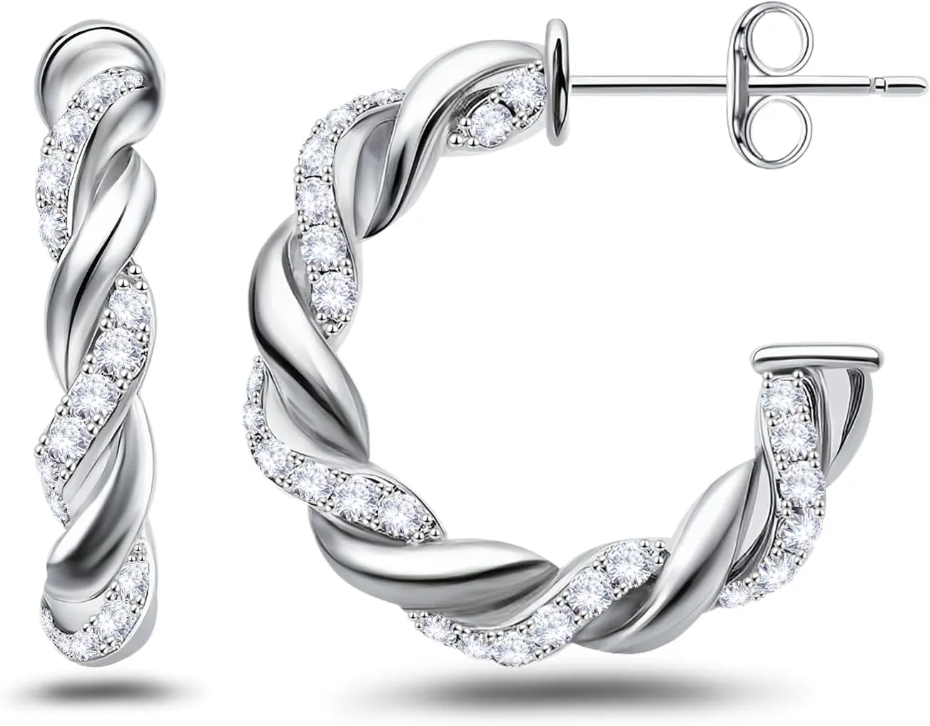 Chunky Hoop Earrings for Women Sterling Silver Plated White Gold CZ Twisted Rope Round Half Hoop Earrings Open Thick Huggie Simple Hypoallergenic Jewelry Birthday Gifts for Her