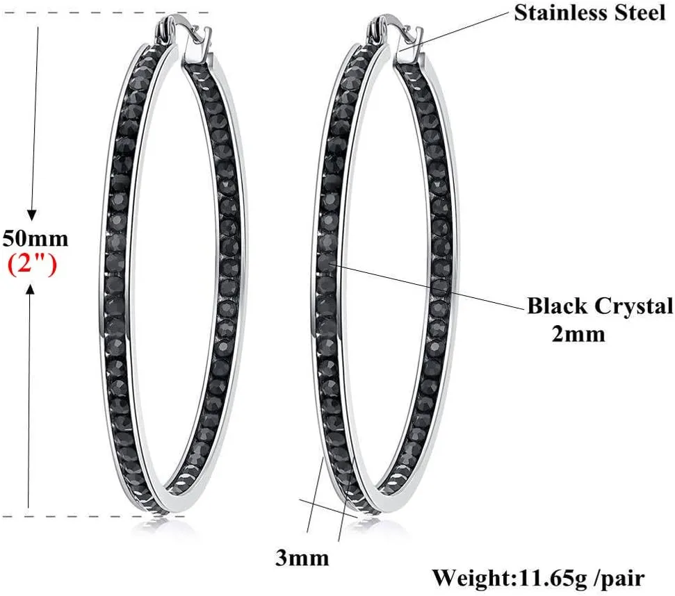 CiNily Mult-colors Crystal Stainless Steel Hoop Earring for Women Hypoallergenic Jewelry for Sensitive Ears Large Big Hoop Earrings 2"