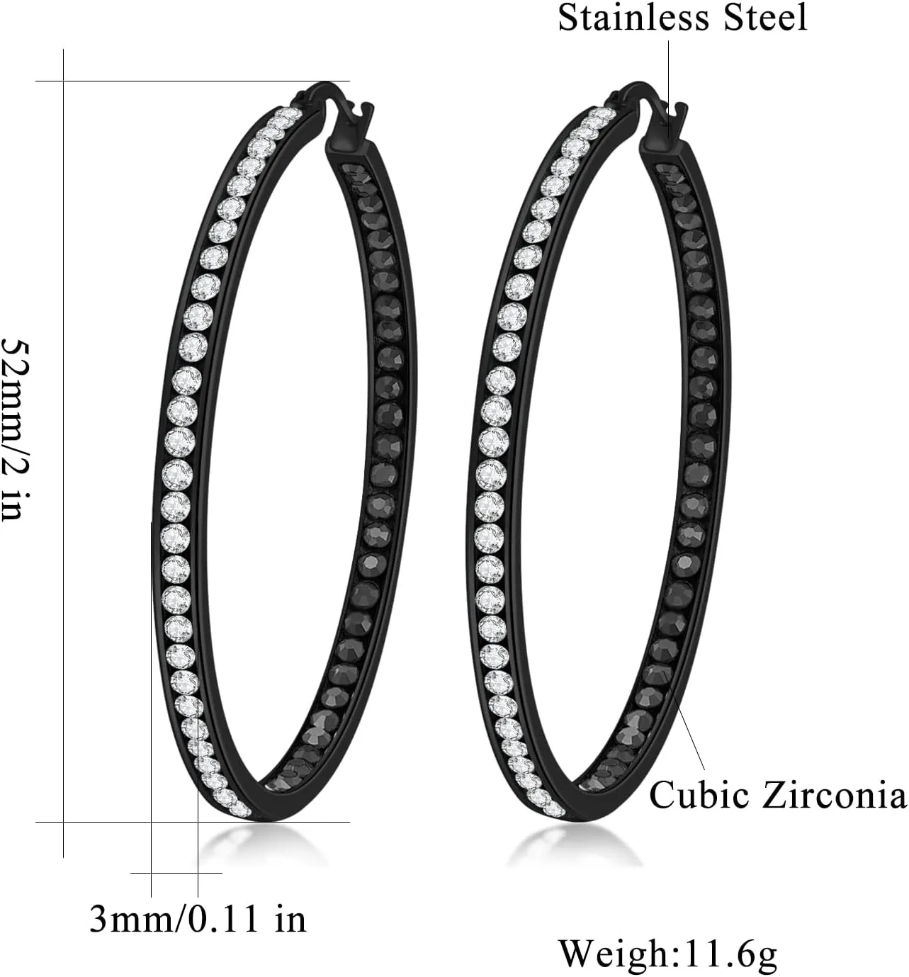 CiNily Mult-colors Crystal Stainless Steel Hoop Earring for Women Hypoallergenic Jewelry for Sensitive Ears Large Big Hoop Earrings 2"