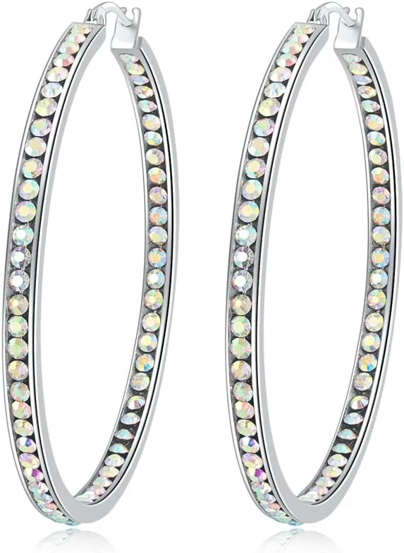 CiNily Mult-colors Crystal Stainless Steel Hoop Earring for Women Hypoallergenic Jewelry for Sensitive Ears Large Big Hoop Earrings 2"