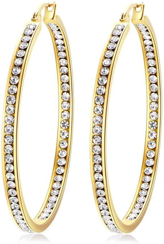 CiNily Mult-colors Crystal Stainless Steel Hoop Earring for Women Hypoallergenic Jewelry for Sensitive Ears Large Big Hoop Earrings 2"