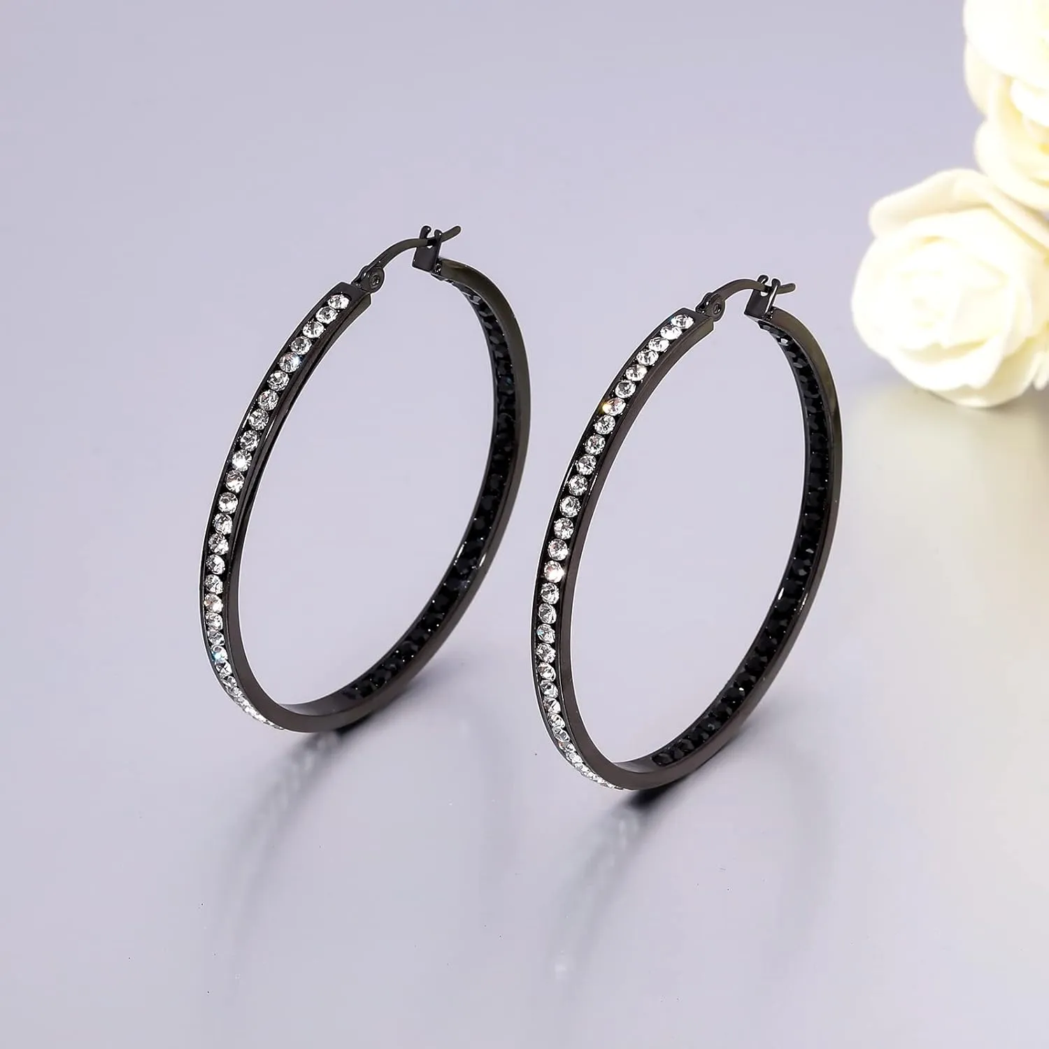 CiNily Mult-colors Crystal Stainless Steel Hoop Earring for Women Hypoallergenic Jewelry for Sensitive Ears Large Big Hoop Earrings 2"