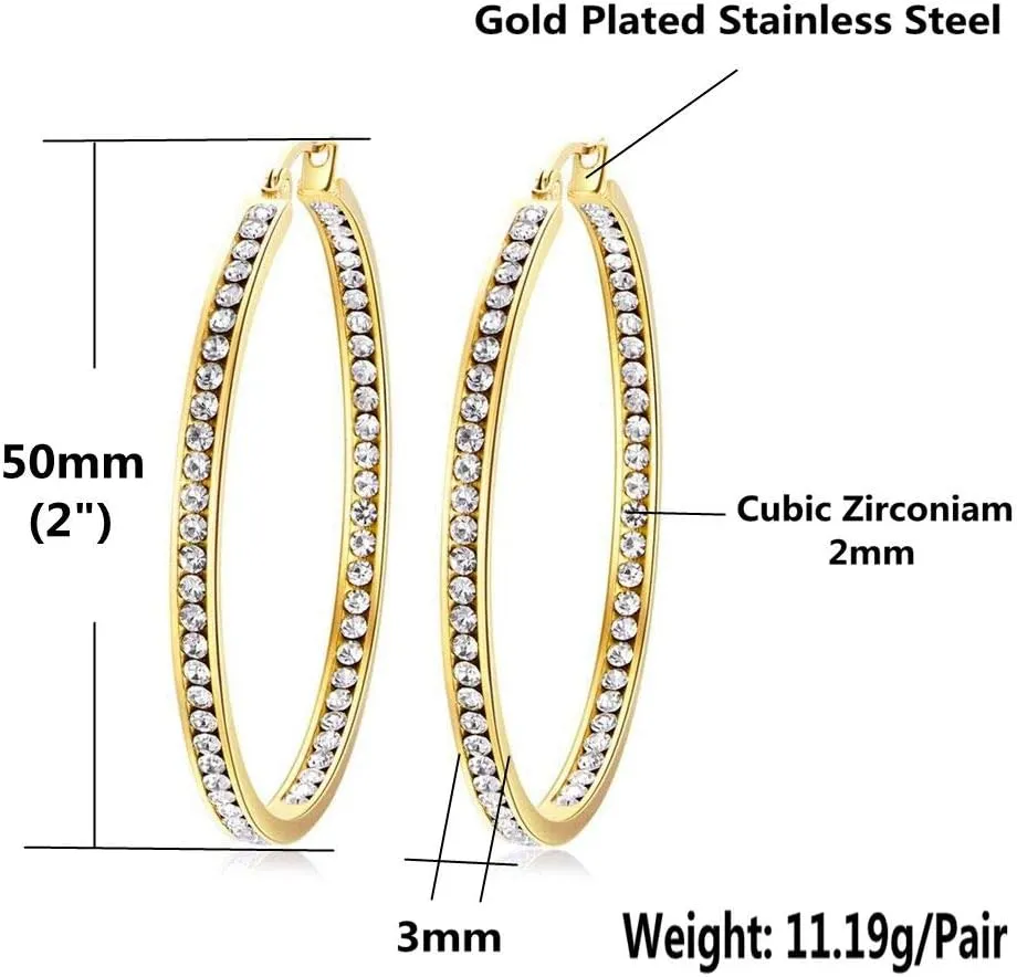 CiNily Mult-colors Crystal Stainless Steel Hoop Earring for Women Hypoallergenic Jewelry for Sensitive Ears Large Big Hoop Earrings 2"