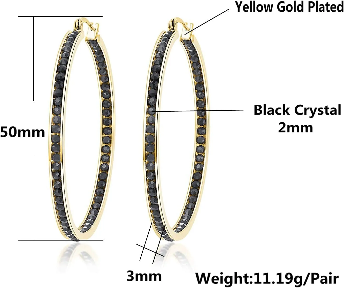 CiNily Mult-colors Crystal Stainless Steel Hoop Earring for Women Hypoallergenic Jewelry for Sensitive Ears Large Big Hoop Earrings 2"