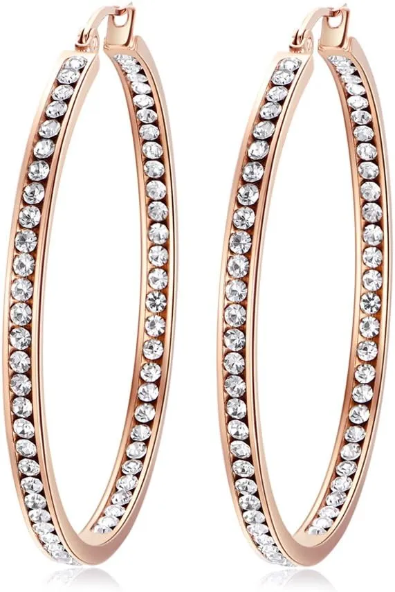 CiNily Mult-colors Crystal Stainless Steel Hoop Earring for Women Hypoallergenic Jewelry for Sensitive Ears Large Big Hoop Earrings 2"