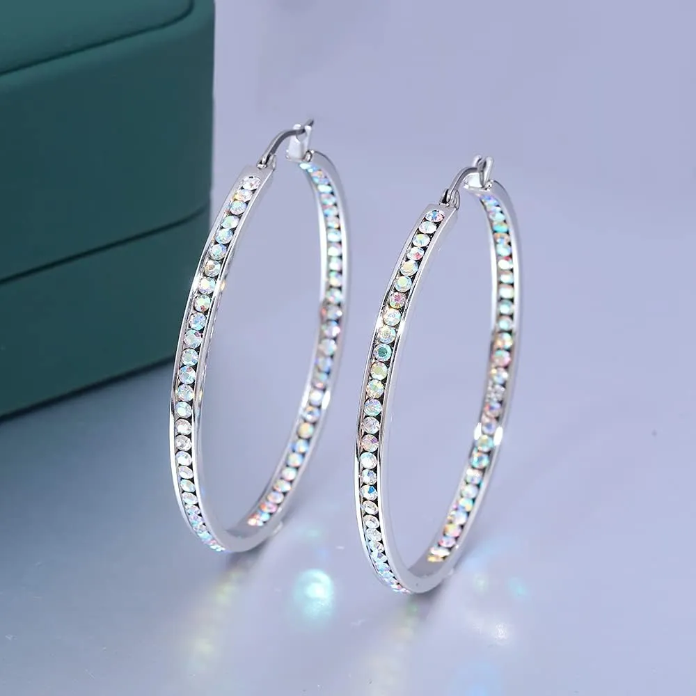 CiNily Mult-colors Crystal Stainless Steel Hoop Earring for Women Hypoallergenic Jewelry for Sensitive Ears Large Big Hoop Earrings 2"
