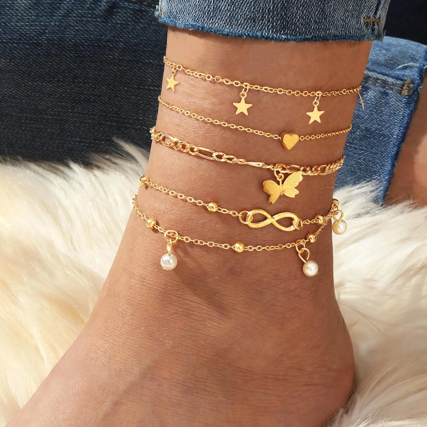 CJIAYUJEW Gold Ankle Bracelets for Women 14k Gold Plated Cuban Link Pearl Butterfly Star Rhinestone Anklets Set Layered Chain Adjustable Size
