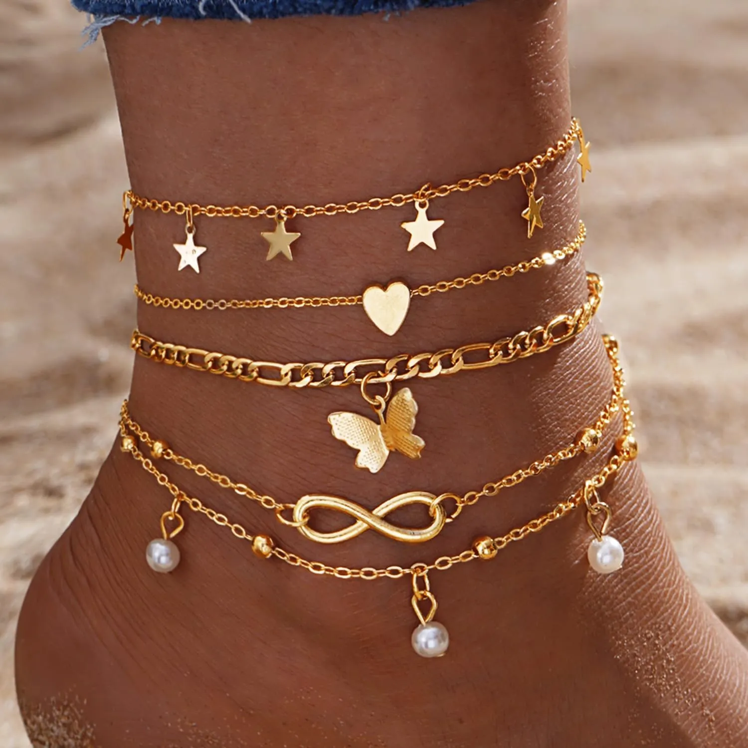 CJIAYUJEW Gold Ankle Bracelets for Women 14k Gold Plated Cuban Link Pearl Butterfly Star Rhinestone Anklets Set Layered Chain Adjustable Size