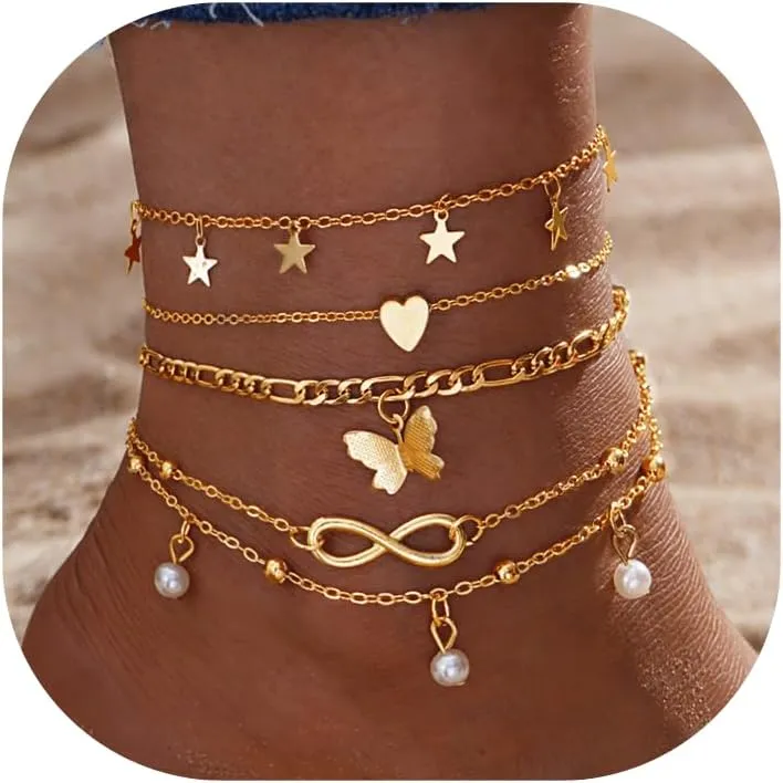 CJIAYUJEW Gold Ankle Bracelets for Women 14k Gold Plated Cuban Link Pearl Butterfly Star Rhinestone Anklets Set Layered Chain Adjustable Size