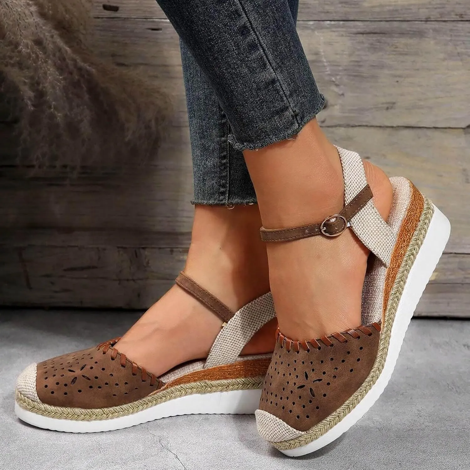 Closed Toe Sandals Women Wide Width, Adjustable Ankle Straps Dressy Sandals, Platform Low Wedge Sandal, Summer Walking Shoes, Elegant Wedges for Office Work, Hollow Out Breathable Lightweight