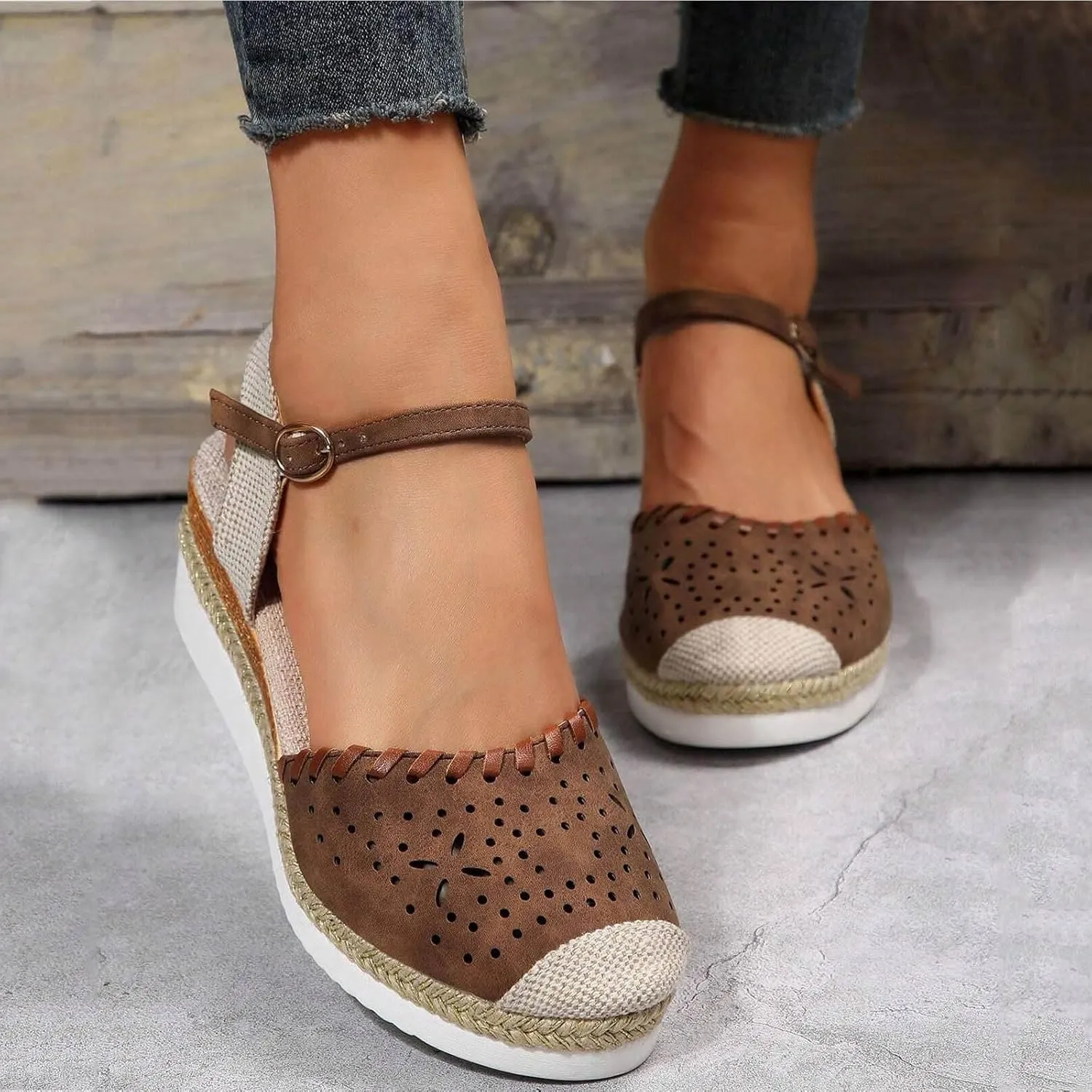 Closed Toe Sandals Women Wide Width, Adjustable Ankle Straps Dressy Sandals, Platform Low Wedge Sandal, Summer Walking Shoes, Elegant Wedges for Office Work, Hollow Out Breathable Lightweight