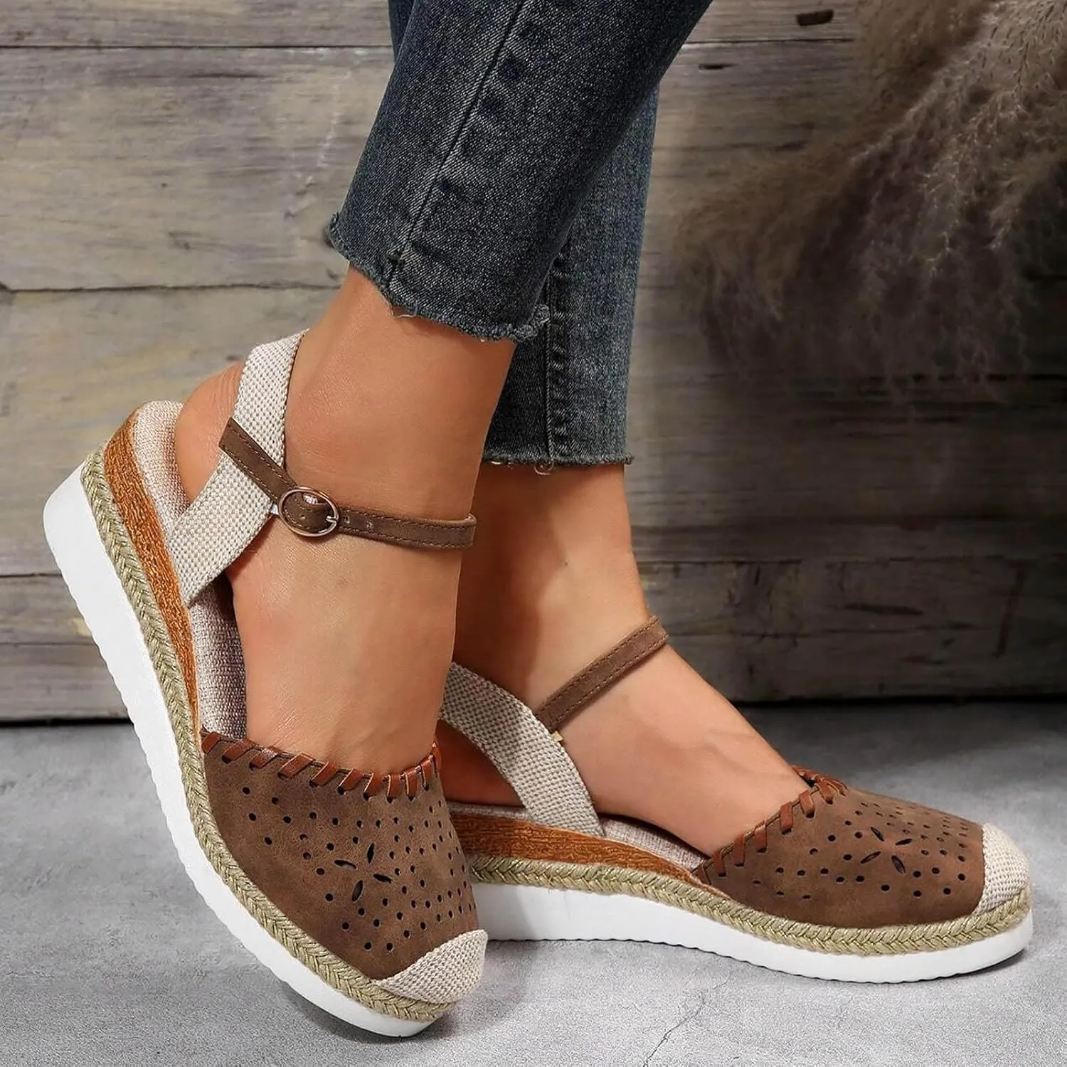 Closed Toe Sandals Women Wide Width, Adjustable Ankle Straps Dressy Sandals, Platform Low Wedge Sandal, Summer Walking Shoes, Elegant Wedges for Office Work, Hollow Out Breathable Lightweight