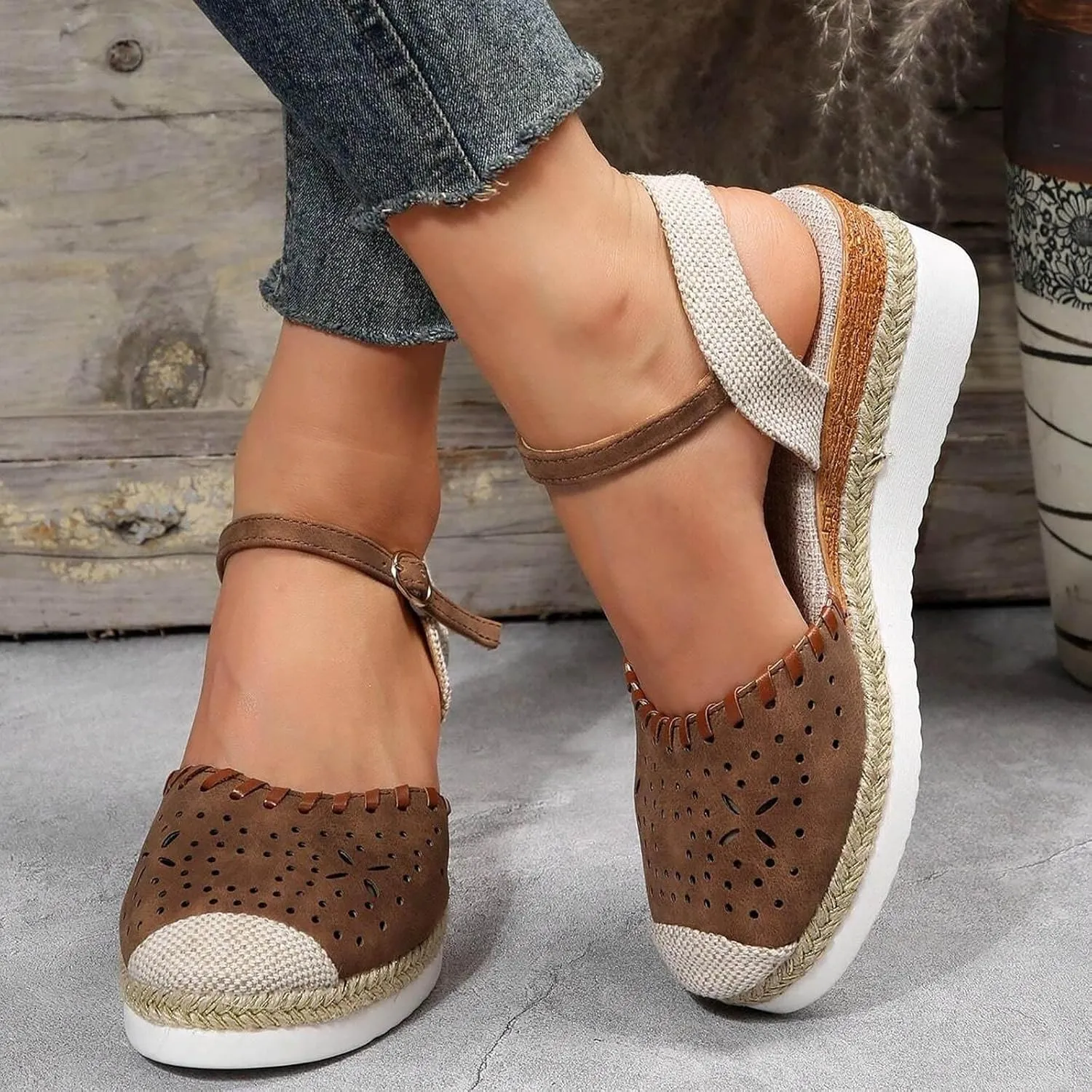 Closed Toe Sandals Women Wide Width, Adjustable Ankle Straps Dressy Sandals, Platform Low Wedge Sandal, Summer Walking Shoes, Elegant Wedges for Office Work, Hollow Out Breathable Lightweight