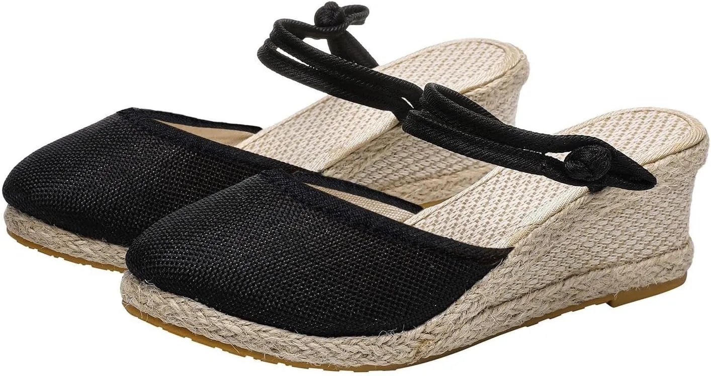 Closed Toe Slippers for Women Summer Comfortable Sandals Dressy 2025 Fashion Wedge Platform Espadrilles Mid Heel Breathable Wedges Beach Vacation Shoes Non Slip Bow Decoration Sandals