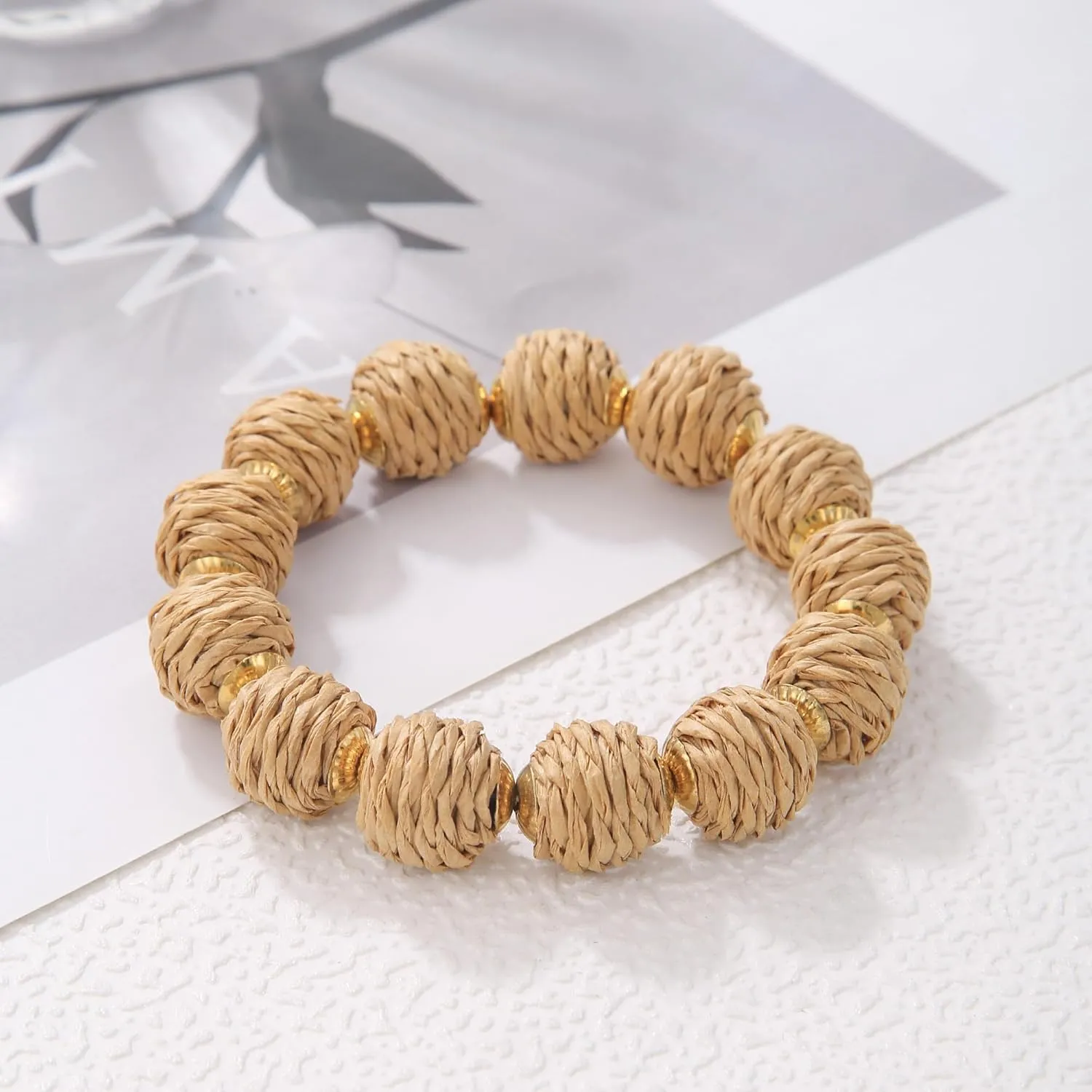Coiris Rattan Ball Bracelet Adjustable Handmade Raffia Bracelets Woven Stretch Bracelet for Women