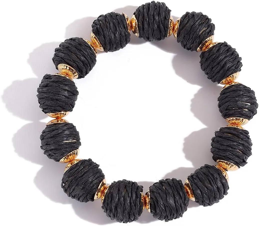 Coiris Rattan Ball Bracelet Adjustable Handmade Raffia Bracelets Woven Stretch Bracelet for Women