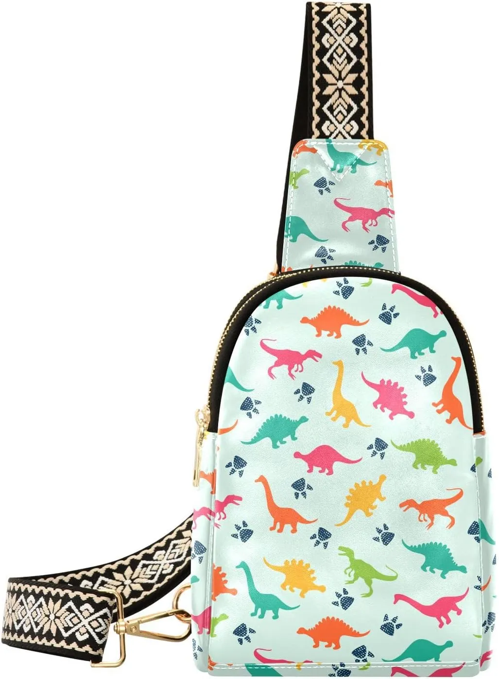 Colorful Dinosaur Footprint Fanny Pack Crossbody PC Leather Small Sling Bag for Women Teal Cute Dino Fashion Waist Packs Chest Bag for Travel Sports Running Hiking