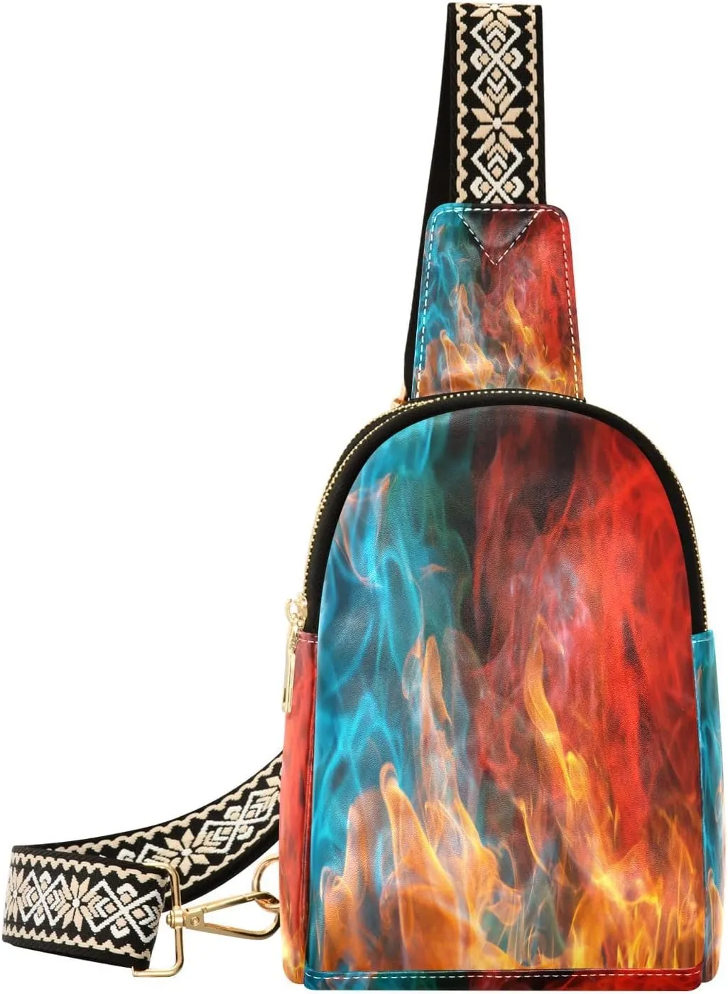 Coloured Mix Flames Fanny Pack Crossbody PC Leather Small Sling Bag for Women Abstract Fashion Waist Packs Chest Bag for Travel Sports Running Hiking