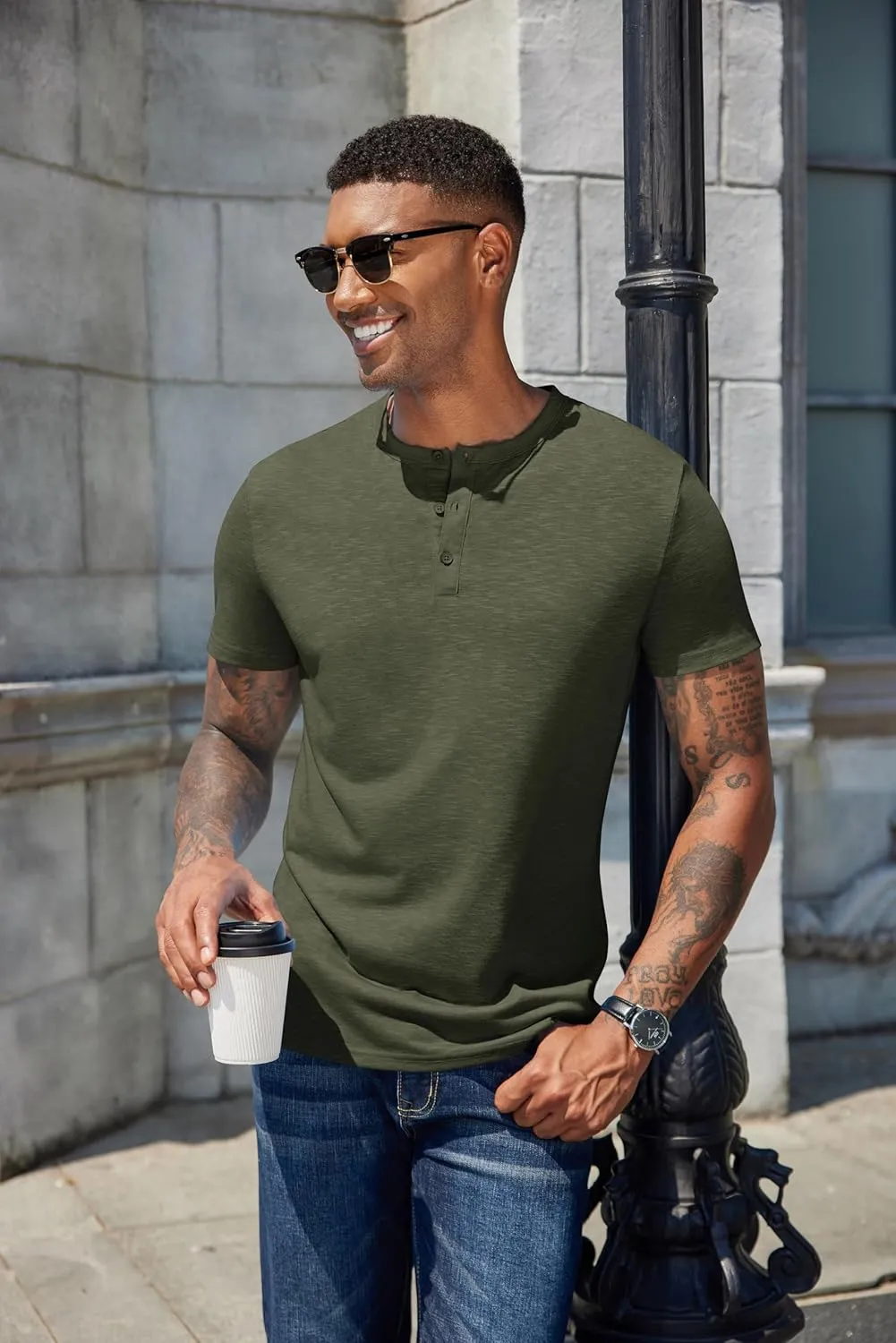 COOFANDY Men's Henley Shirts Short Sleeve Casual Basic Henley Tee Summer Button Lightweight Stretch T Shirts