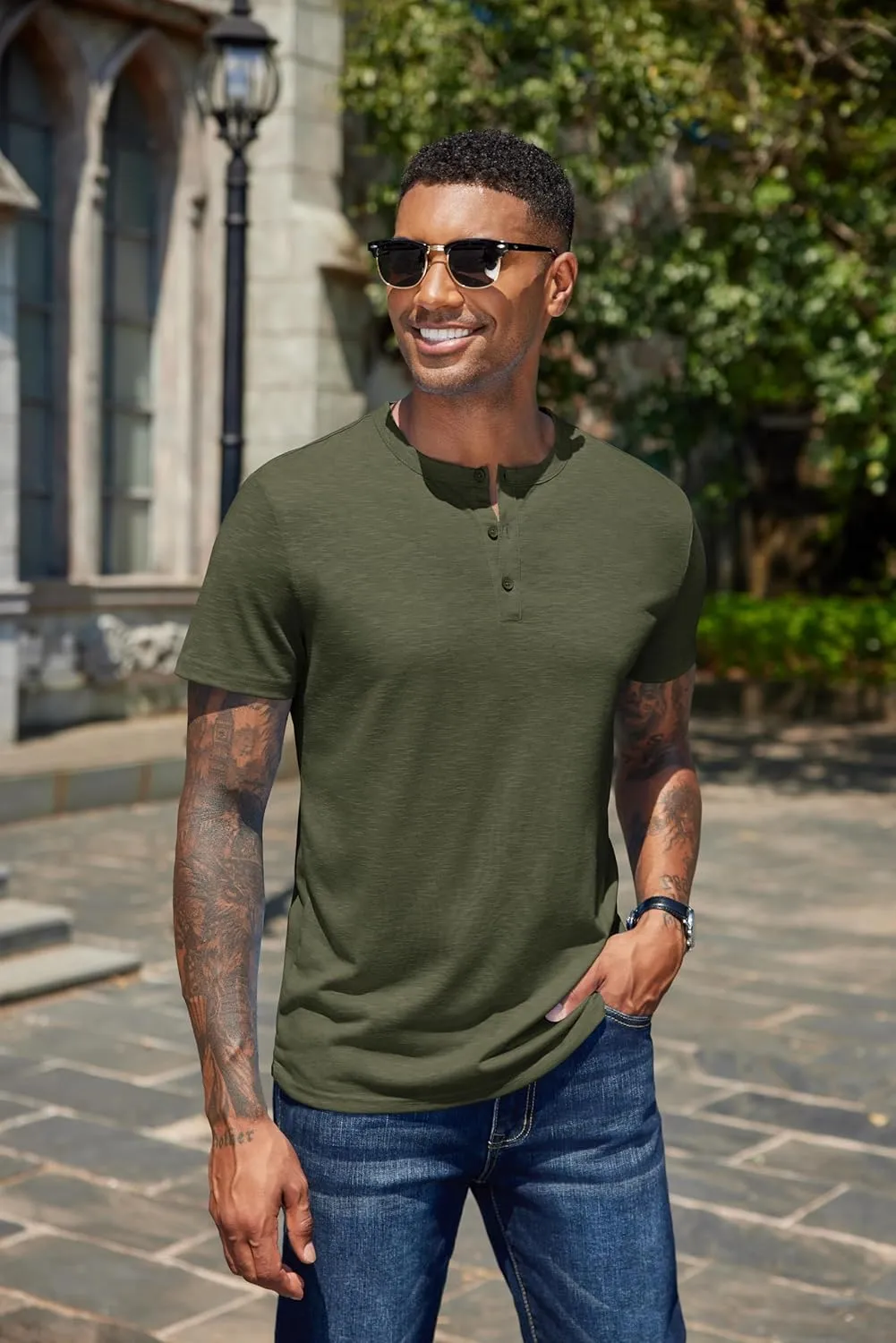 COOFANDY Men's Henley Shirts Short Sleeve Casual Basic Henley Tee Summer Button Lightweight Stretch T Shirts