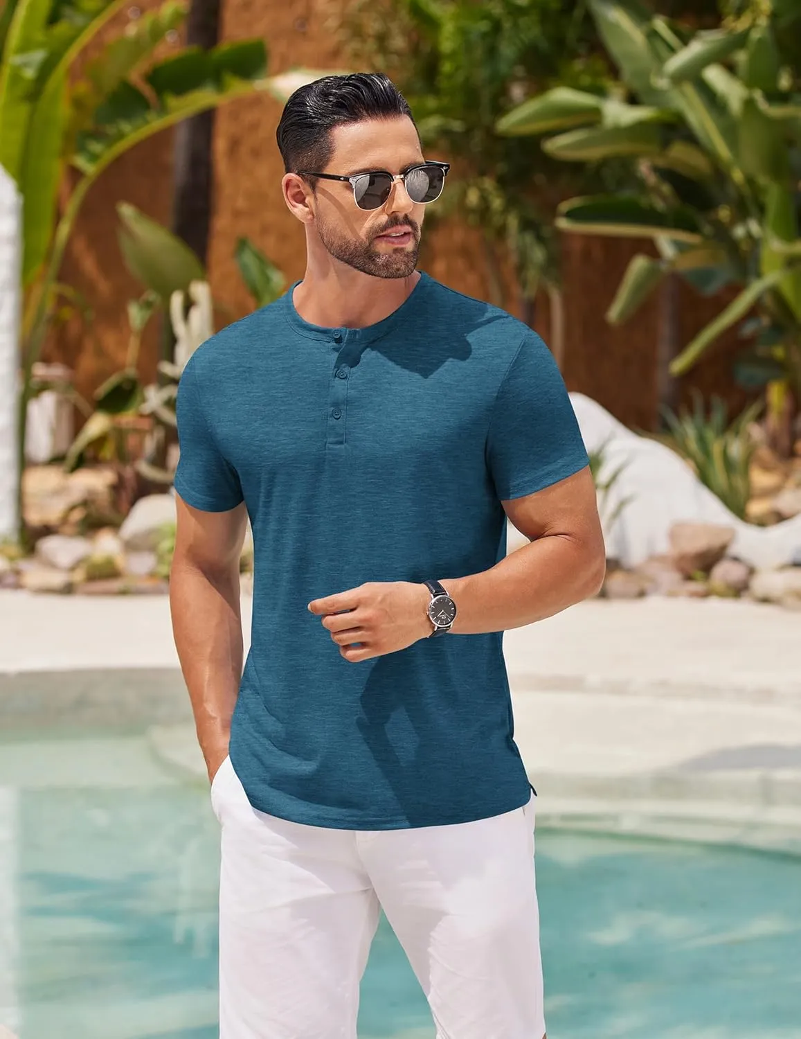 COOFANDY Men's Henley Shirts Short Sleeve Casual Basic Henley Tee Summer Button Lightweight Stretch T Shirts
