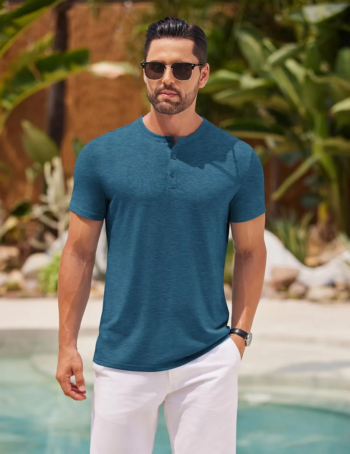 COOFANDY Men's Henley Shirts Short Sleeve Casual Basic Henley Tee Summer Button Lightweight Stretch T Shirts