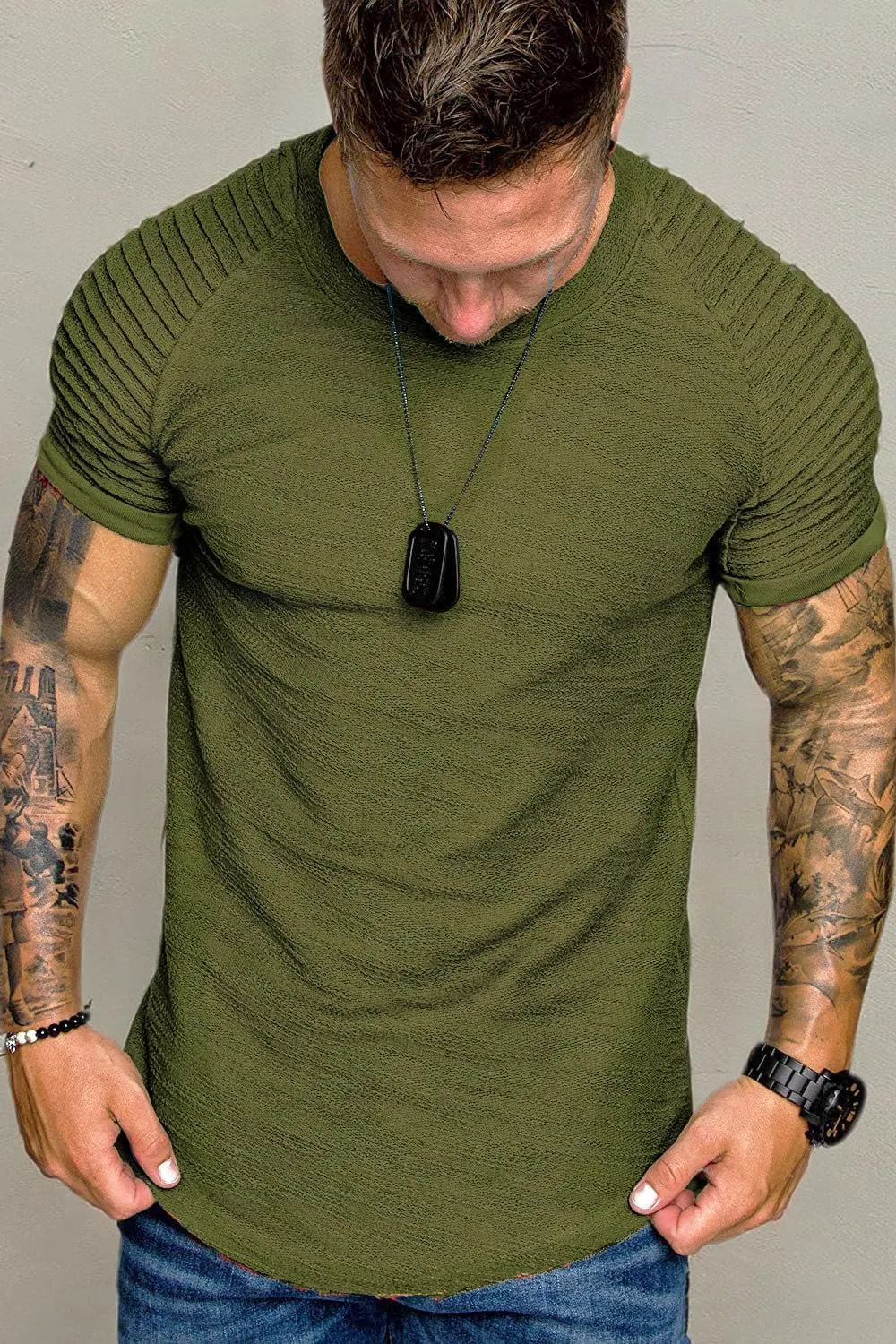 COOFANDY Men's Muscle T-Shirt Pleated Raglan Sleeve Bodybuilding Gym Tee Short Sleeve Fashion Workout Shirts Hipster Shirt