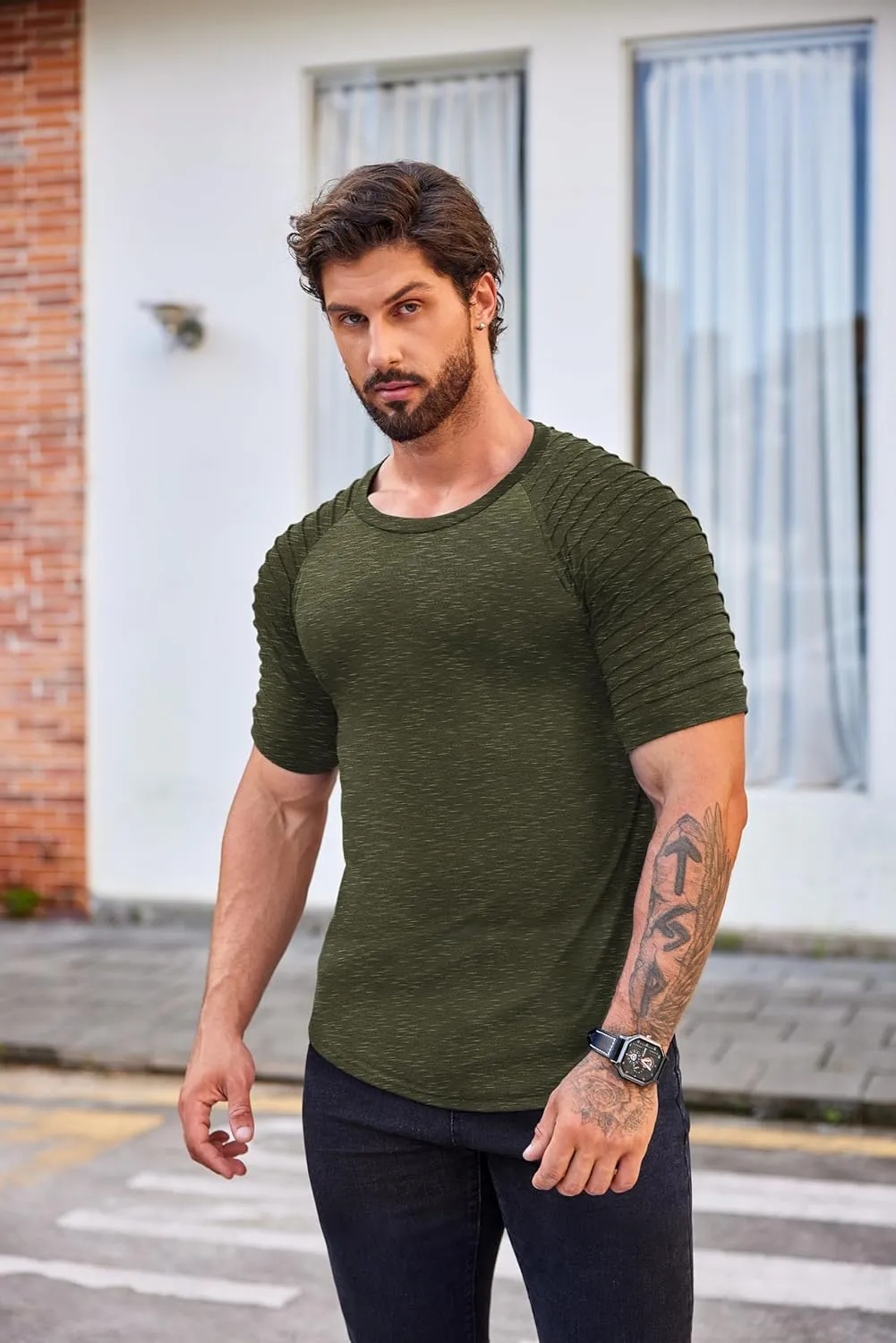 COOFANDY Men's Muscle T-Shirt Pleated Raglan Sleeve Bodybuilding Gym Tee Short Sleeve Fashion Workout Shirts Hipster Shirt