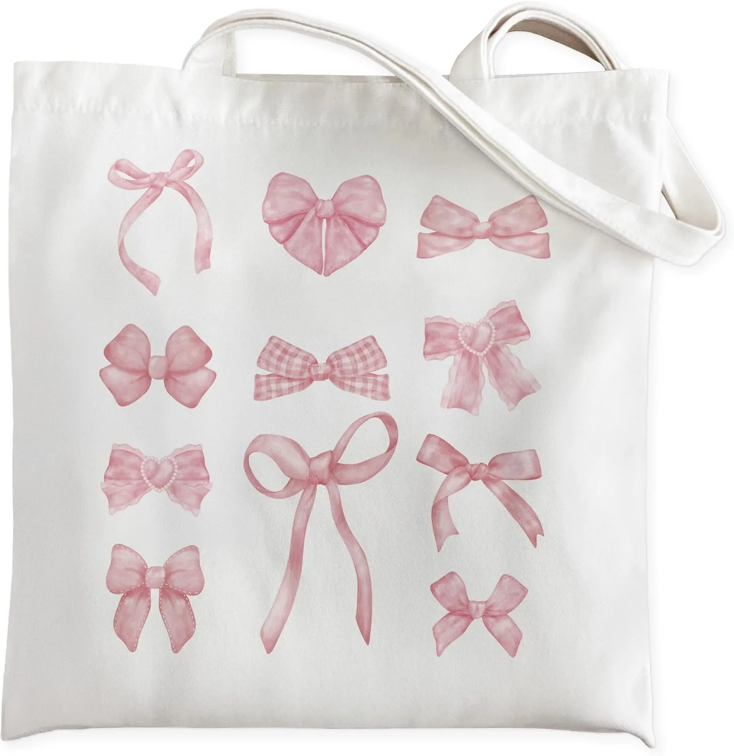 Coquette Pink Bow Tote Bag for Women, Cute Girly Aesthetic Canvas Tote Bag, Preppy Pink Bow Beach Bag, Reusable Grocery Shopping Bags, 15.5x15 Inch