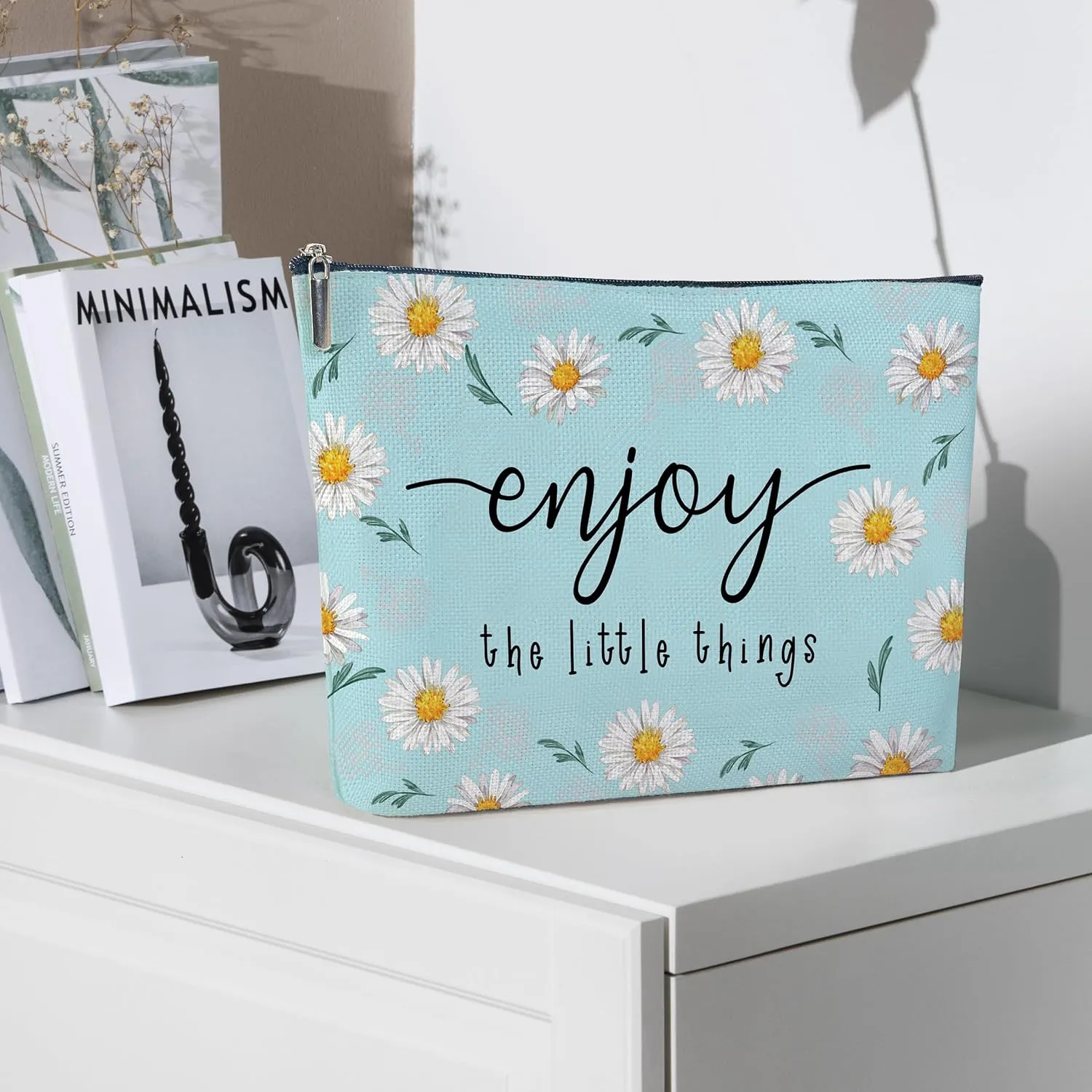 Cotton Canvas Makeup Bag, Enjoy the Little Things, Daisy Flower Makeup Bag, Inspirational Gifts Birthday Gifts, Graduation Gifts for Her Christmas Gifts, Travel Makeup Bag-MKB08