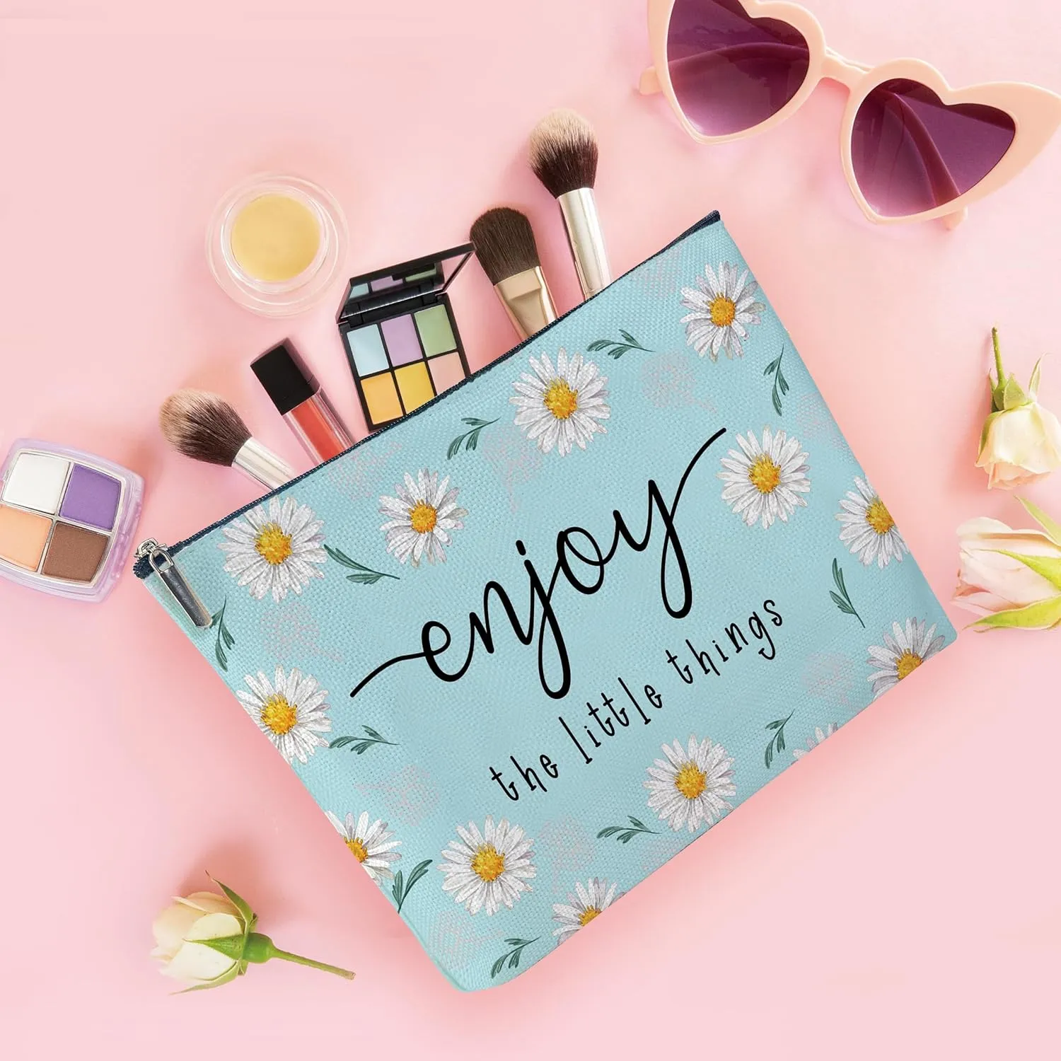 Cotton Canvas Makeup Bag, Enjoy the Little Things, Daisy Flower Makeup Bag, Inspirational Gifts Birthday Gifts, Graduation Gifts for Her Christmas Gifts, Travel Makeup Bag-MKB08