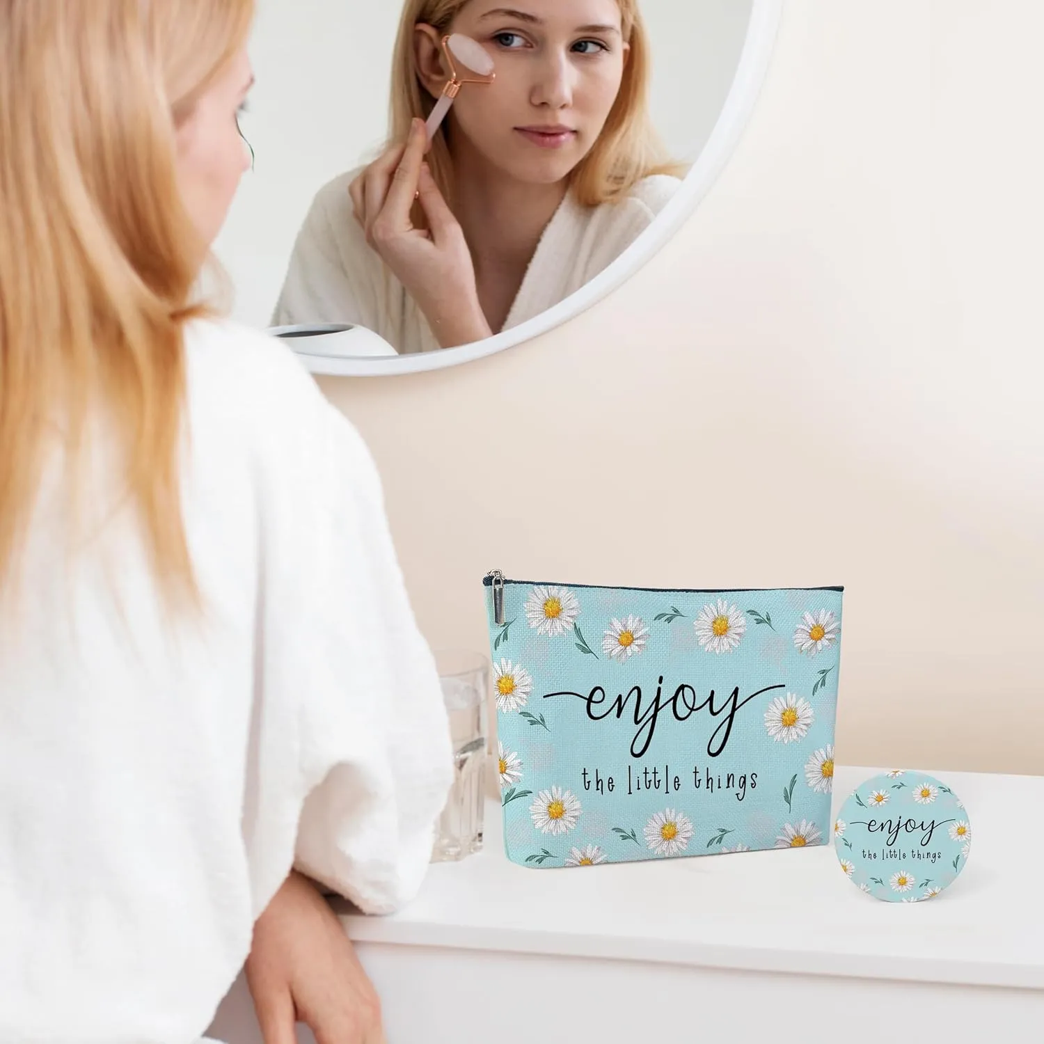 Cotton Canvas Makeup Bag, Enjoy the Little Things, Daisy Flower Makeup Bag, Inspirational Gifts Birthday Gifts, Graduation Gifts for Her Christmas Gifts, Travel Makeup Bag-MKB08