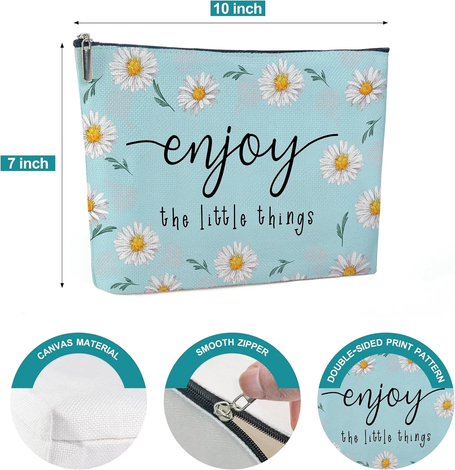 Cotton Canvas Makeup Bag, Enjoy the Little Things, Daisy Flower Makeup Bag, Inspirational Gifts Birthday Gifts, Graduation Gifts for Her Christmas Gifts, Travel Makeup Bag-MKB08