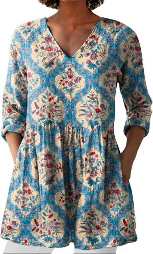 Cotton Linen Boho Tops for Women Casual Vintage Long Sleeve Shirt Floral Graphic V Neck Blouses Vacation Tunics